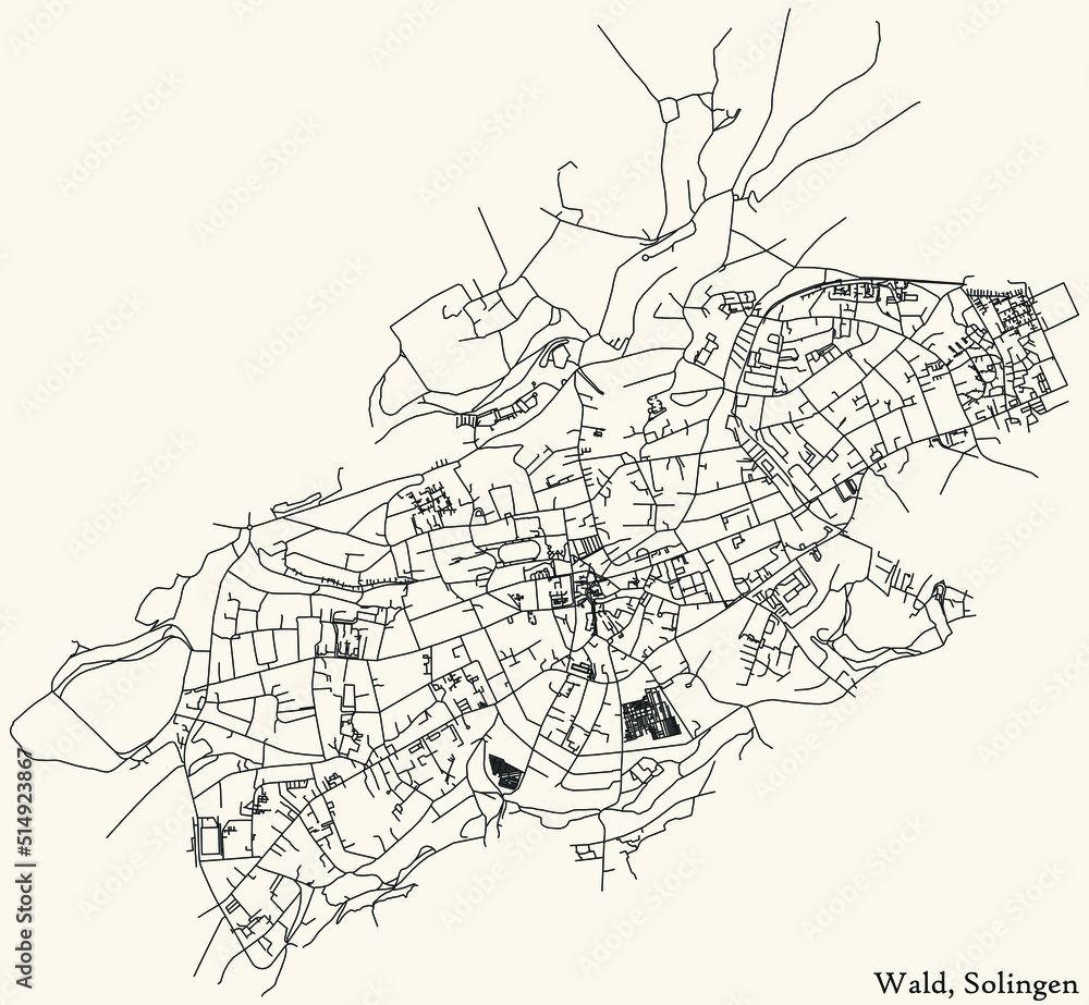 Detailed navigation black lines urban street roads map of the WALD DISTRICT of the German regional capital city of Solingen, Germany on vintage beige background