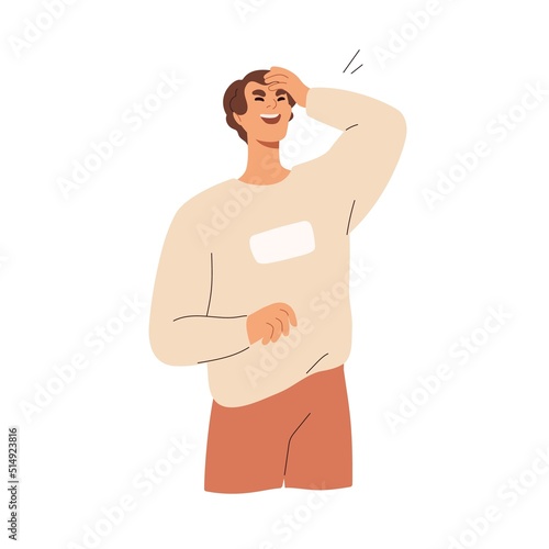 Happy man laughing out loud from funny joke, fun. Emotional laughter of person. Jolly positive face expression, haha emotions of expressive guy. Flat vector illustration isolated on white background