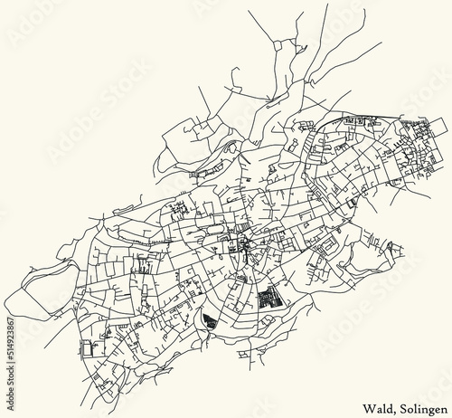 Detailed navigation black lines urban street roads map of the WALD DISTRICT of the German regional capital city of Solingen  Germany on vintage beige background
