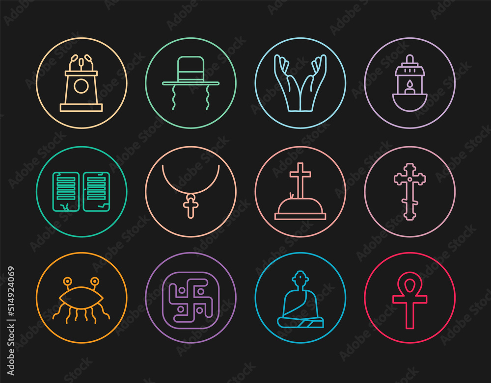 Set line Cross ankh, Christian cross, Hands in praying position, chain, The commandments, Stage stand or tribune, Tombstone with and Orthodox jewish hat sidelocks icon. Vector Set line Cross ankh, Christian cross, Hands in praying position, chain, The commandments, Stage stand or tribune, Tombstone with and Orthodox jewish hat sidelocks icon. Vector