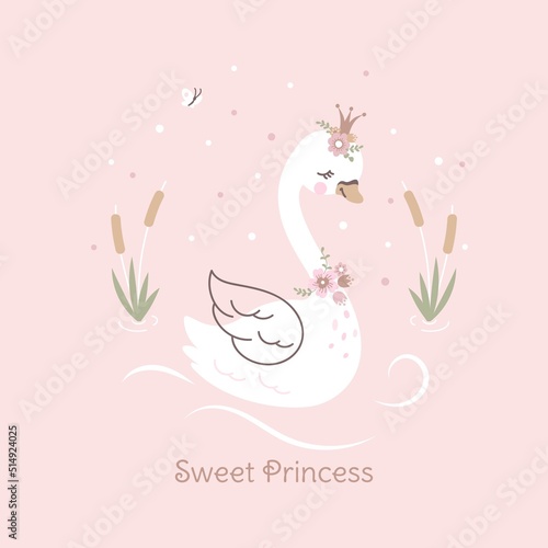 Swan princess poster. Vintage girl t-shirt print with sweet cute swans. Cartoon animal in crown, beauty kids graphics. Nowaday baby vector background