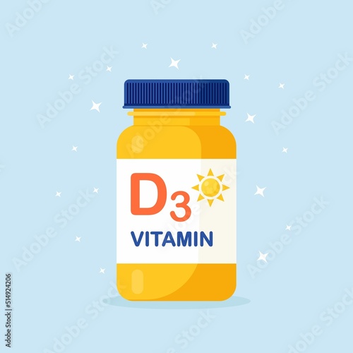 Vitamin D capsules in pill bottle. Vitamin complex with cholecalciferol. Medicine for deficiency reduction. Vector design