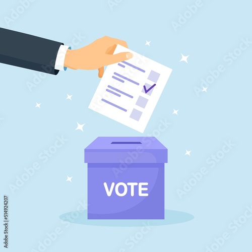 Vote ballot box. Man putting paper vote into the box. Election concept. Democracy, Freedom of speech, justice voting and opinion. Referendum and poll choice event