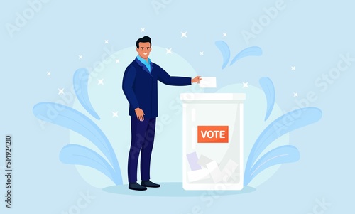 Election campaign. Voter casting ballot at polling place. Person making decision and putting paper ballot in vote box. Idea of democracy and government