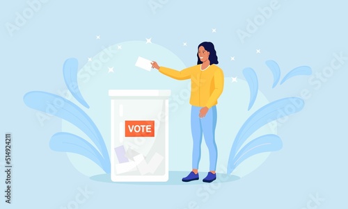 Election campaign. Voter casting ballot at polling place. Person making decision and putting paper ballot in vote box. Idea of democracy and government