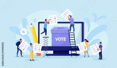 Voting online concept. People putting vote paper in the ballot box on computer screen. Online polling, political election or survey, electoral internet system