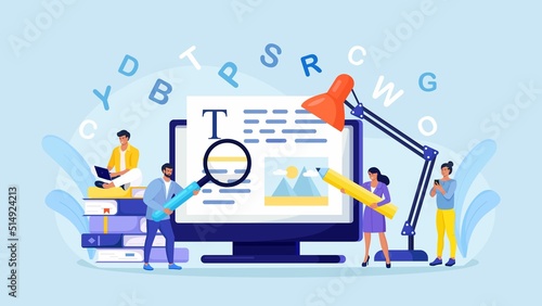 Blog authors writing articles, making valuable content. Freelance writers creating internet content. Copy writer workshop. Writing texts, creativity and promotion, seo marketing