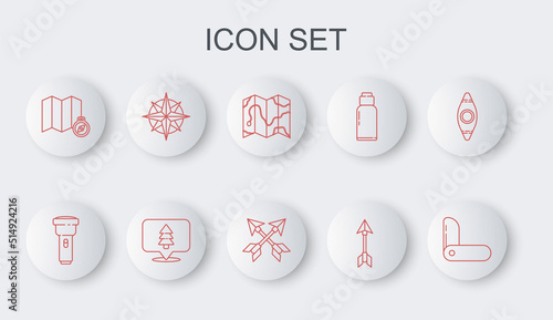 Set line Swiss army knife, Flashlight, Location of the forest on map, Hipster arrow, Wind rose, and Crossed arrows icon. Vector