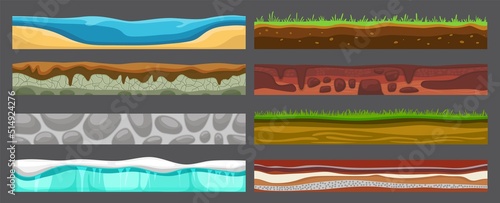 Cartoon seamless grounds. Surface ground level, beach, rocks game landscape. Gaming texture with water and stones, dirt soil and green grass, neoteric vector patterns