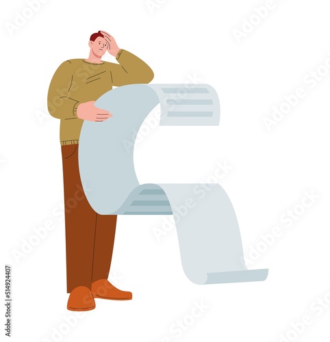 Adult with document, scared man look at bill or tax check. Executive businessman upset and shocked receipts. Kicky person confused vector scene