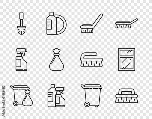 Set line Trash can and garbage bag, Brush for cleaning, Bottles agent, Toilet brush, Garbage, and Cleaning service windows icon. Vector