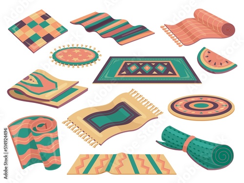Cozy home carpets. Floor rug, rustic mat different materials. Color decoration carpet for room interior. Textile rugs, isolated craft wool racy vector decor set