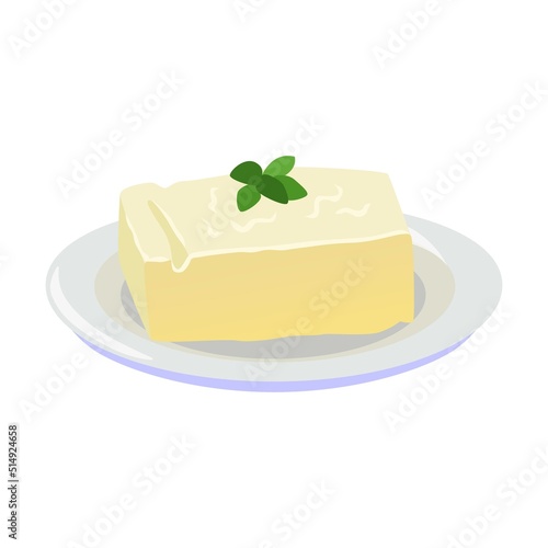 Milk food. Butter brick, bowl with curd, slice of cheese, yogurt cup, sour cream in pot. Vector illustration for dairy product