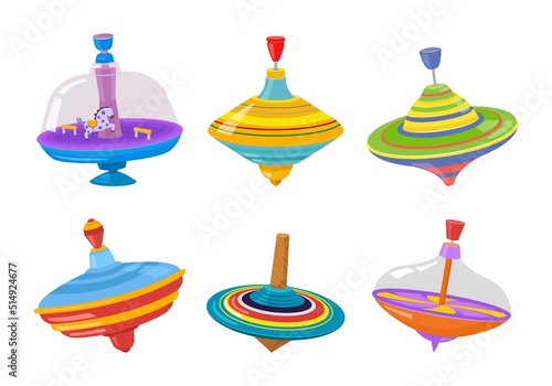 spinning top. colored rotated games for kids gyroscope twirl. Vector cartoon illustrations set