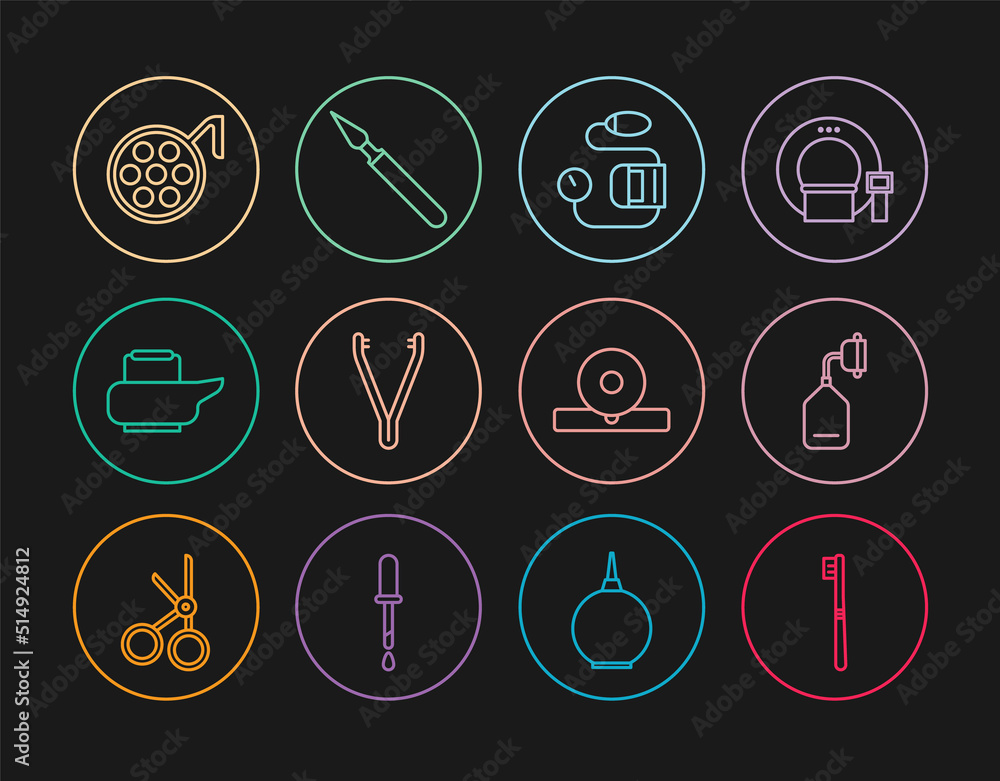 Set line Toothbrush, Medical oxygen mask, Blood pressure, tweezers, Bedpan, Surgery lamp, Otolaryngological head reflector and surgery scalpel icon. Vector Set line Toothbrush, Medical oxygen mask, Blood pressure, tweezers, Bedpan, Surgery lamp, Otolaryngological head reflector and surgery scalpel icon. Vector