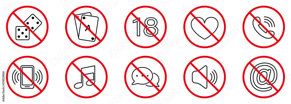Forbid Poker Card Blackjack Pictogram. No Allowed Gambling Game Sign. Dice Prohibited. Casino Ban Black Line Icon Set. Mute Phone in Casino Red Stop Outline Symbol. Isolated Vector Illustration Forbid Poker Card Blackjack Pictogram. No Allowed Gambling Game Sign. Dice Prohibited. Casino Ban Black Line Icon Set. Mute Phone in Casino Red Stop Outline Symbol. Isolated Vector Illustration