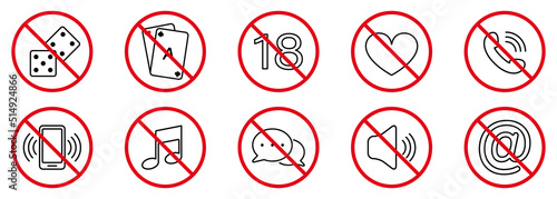 Forbid Poker Card Blackjack Pictogram. No Allowed Gambling Game Sign. Dice Prohibited. Casino Ban Black Line Icon Set. Mute Phone in Casino Red Stop Outline Symbol. Isolated Vector Illustration
