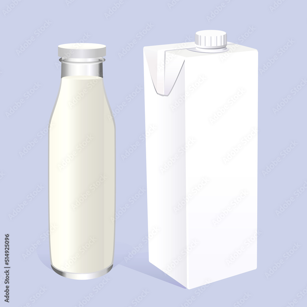 Realistic mockup of cardboard and glass packaging, bottle for juice, milk, retail packaging template for liquid products. Empty container for product design, drink branding. No label packaging Realistic mockup of cardboard and glass packaging, bottle for juice, milk, retail packaging template for liquid products. Empty container for product design, drink branding. No label packaging