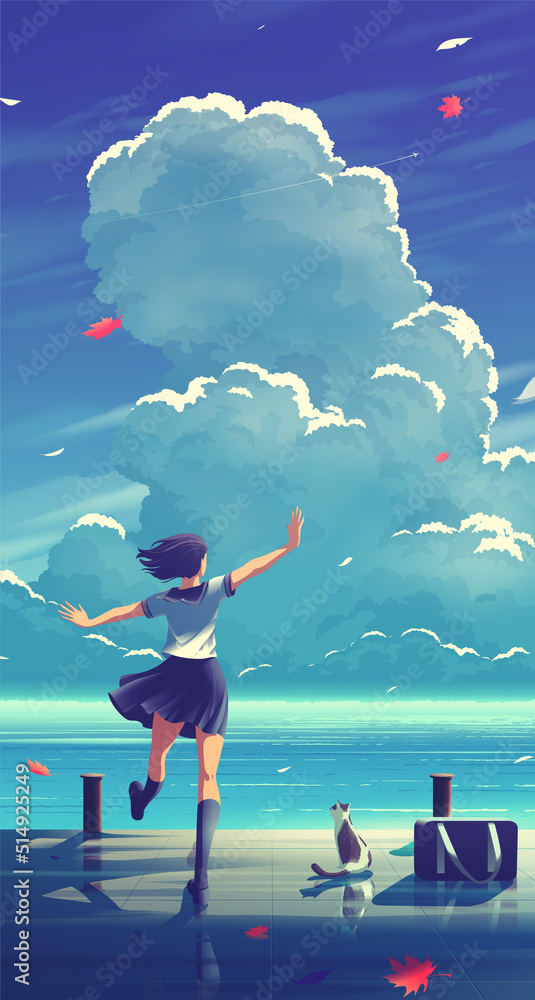 Fototapeta premium vector, illustration, anime, japanese, high school, girl, dance, cat, harbor, background, blue sky, clouds, japan, after school, nature, landscape, scenery, clouds, moon, summer, grasses, countryside,
