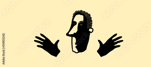 Human head and hands. Portrait of a man graphic drawing spot.