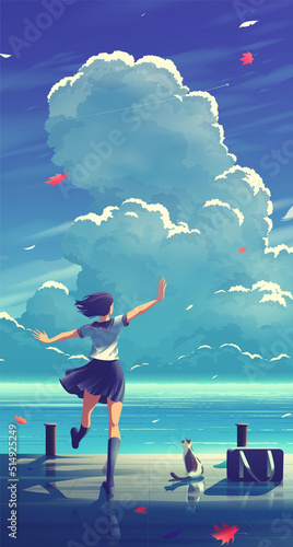 vector, illustration, anime, japanese, high school, girl, dance, cat, harbor, background, blue sky, clouds, japan, after school, nature, landscape, scenery, clouds, moon, summer, grasses, countryside,