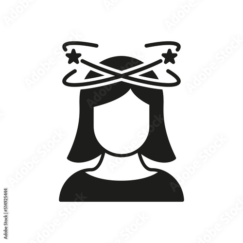 Dizziness, Migraine, Headache, Distracted Head Silhouette Pictogram. Front View. Woman Feel Dizzy Icon. Tired Woman with Nausea Glyph Icon. Isolated Vector Illustration