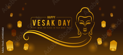 Happy Vesak day banner - Gold Abstract line head Buddha with long line curve sign and sky lanterns light in dark brown background vector design