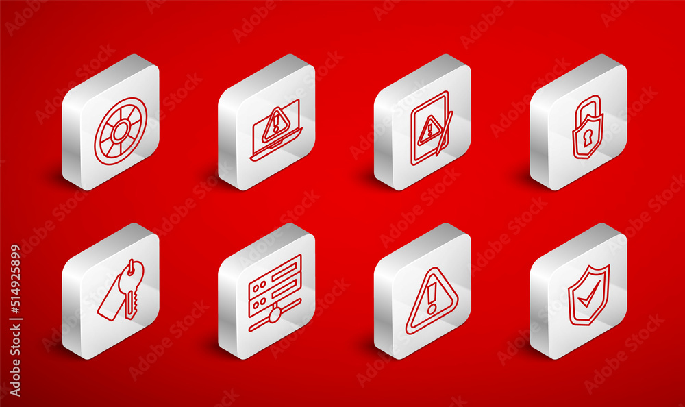 Set line Shield with check mark, Laptop exclamation, Tablet, Lock, Exclamation in triangle, Safe, Server, Data, Web Hosting and Marked key icon. Vector Set line Shield with check mark, Laptop exclamation, Tablet, Lock, Exclamation in triangle, Safe, Server, Data, Web Hosting and Marked key icon. Vector