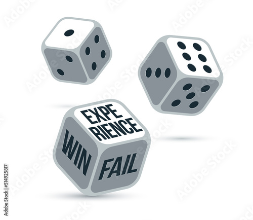 Win or fail or experience dice rolling vector illustration, getting new experience in life concept.