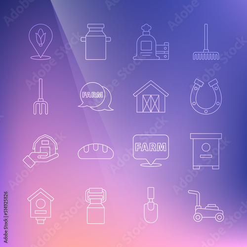 Set line Lawn mower, Hive for bees, Horseshoe, Full sack and wooden box, Speech bubble with Farm, Garden pitchfork, Location corn and house icon. Vector
