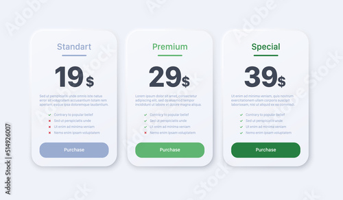 Product price table design with 3 types of subscription plans. Subscription plan with features checklist and discount pricing tabs. Tariff choice infographic in vector