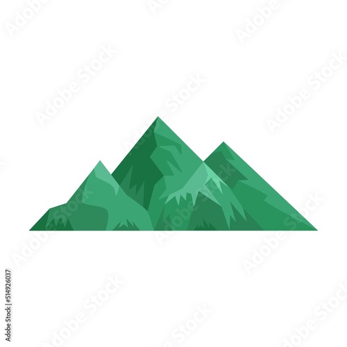 Landscape and nature. Green mountains and rock flat icon. Cartoon snowy mountain, peak, hill top vector illustration