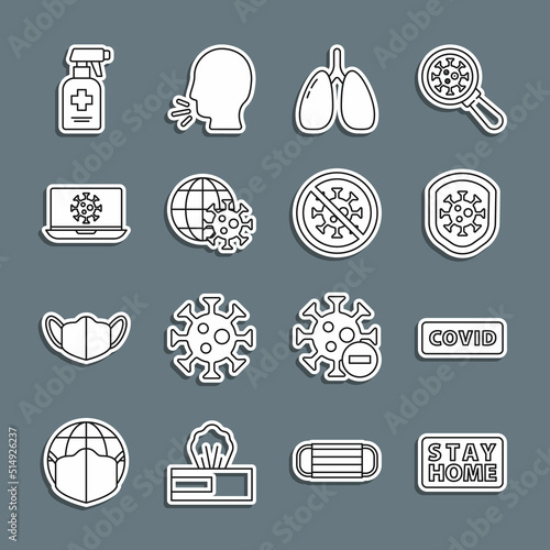 Set line Stay home, Corona virus covid-19, Shield protecting from, Lungs, Earth globe with, Virus statistics laptop, Liquid antibacterial soap and Stop icon. Vector