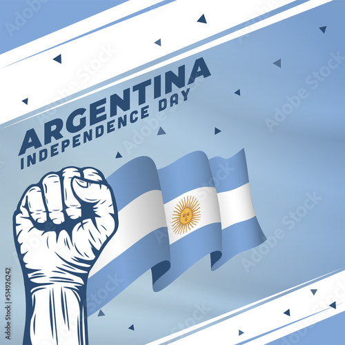 Square Banner illustration of Argentina independence day celebration. Waving flag and hands clenched. Vector illustration.