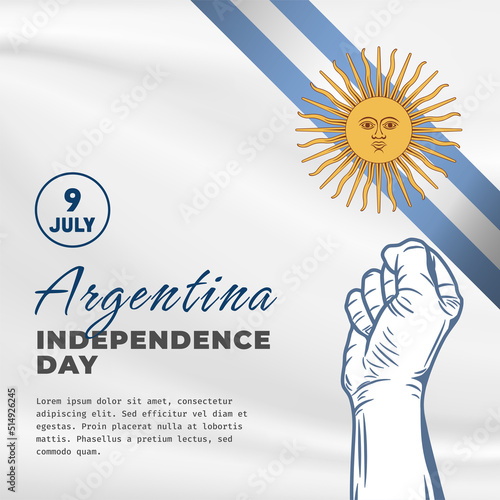 Square Banner illustration of Argentina independence day celebration. Waving flag and hands clenched. Vector illustration.
