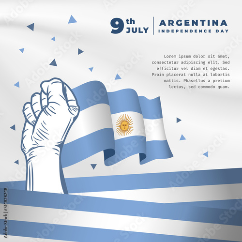 Square Banner illustration of Argentina independence day celebration. Waving flag and hands clenched. Vector illustration.