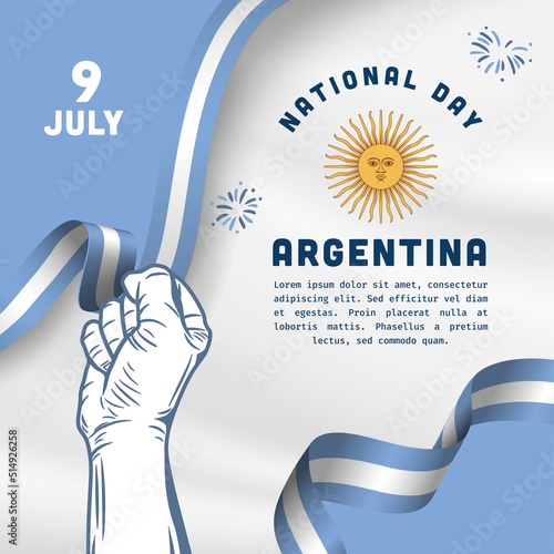 Square Banner illustration of Argentina independence day celebration. Waving flag and hands clenched. Vector illustration.