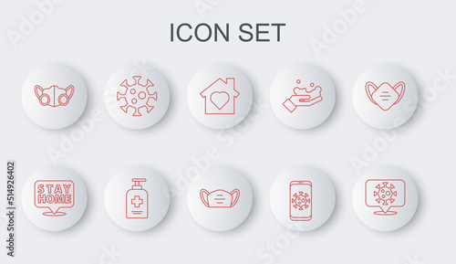 Set line Corona virus on location, Stay home, House with heart inside, Virus statistics mobile, Medical protective mask, Liquid antibacterial soap and icon. Vector