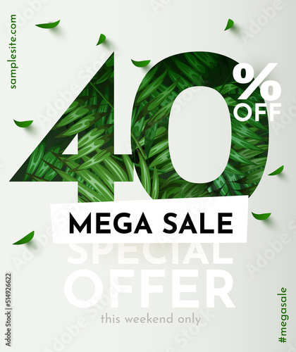 40 percent Off. Discount creative composition. Summer sale banner with decorative objects, palm leaves and gift box. Sale banner and poster.