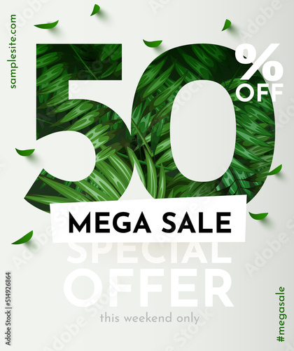50 percent Off. Discount creative composition. Summer sale banner with decorative objects, palm leaves and gift box. Sale banner and poster.