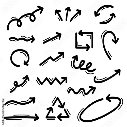 Icon set of hand drawn arrows. Doodle vector illustration.