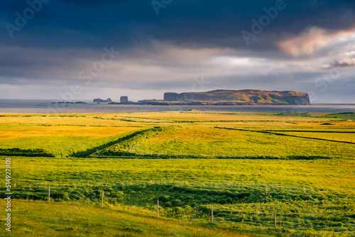 Green fresh pasture in Icelandic countryside. Dramatic summer view of volcanic mountains on the shore of Atlantic ocean. Colorful morning scene of south coast of Iceland, Europe.