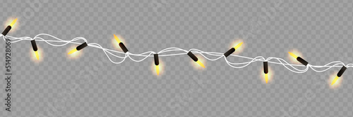 Christmas lights. Vector line with glowing light bulbs.Set of golden xmas glowing garland Led neon lamp illustration. Christmas lights isolated on transparent background for cards, banners, posters