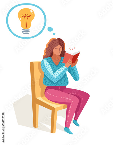 Young woman reading a book vector trendy flat illustration isolated on white, knowledge learning education, self-education, fiction literature.
