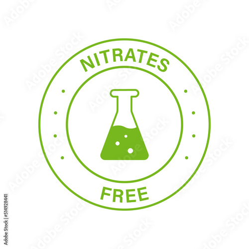 Nitrates Free Green Stamp. No Nitrate Label. Free Nitrites in Food Ingredient Symbol. Nutrition Certified Control Not Nitrate Sign. Guarantee Non Nitrite Logo. Isolated Vector Illustration