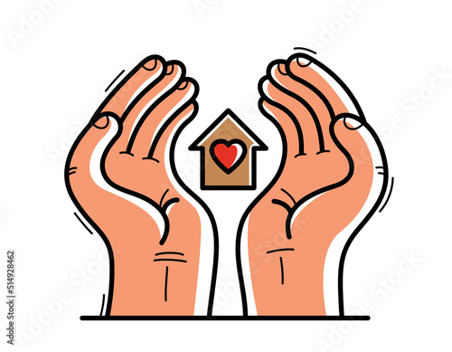 Two hands with home house protecting and showing care vector flat style illustration isolated on white, cherish and defense for family concept.