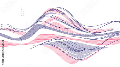 Nature art oriental Japanese style vector abstract background, runny like water shapes and lines with textures.