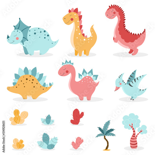set of vector isolated dinosaurs on white background, cute dinosaurs, dinosaurs for kids, dino