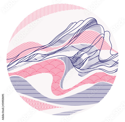 Oriental Japanese style vector abstract illustration in a shape of circle, background in Asian traditional style, wavy shapes and mountains terrain, runny like sea lines.