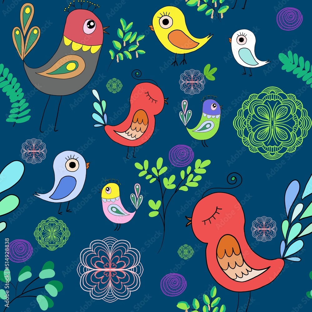 Obraz premium Seamless bright multi-colored pattern of birds in love and flowers on a light background. Design template for wallpaper, fabric or web page.